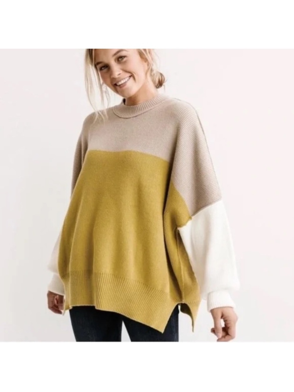Free People Colorblock Oversized Turtleneck Sweater - Mustard, Cream & Beige